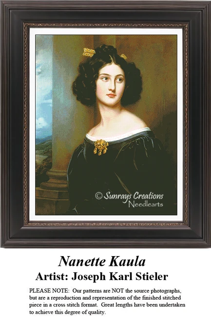 A detailed counted cross-stitch pattern preview of Joseph Karl Stieler's portrait, "Nanette Kaula." The Neoclassical Biedermeier design features the young Munich beauty in a black dress with puff sleeves and an arrow hairpin, posing with youthful charm.