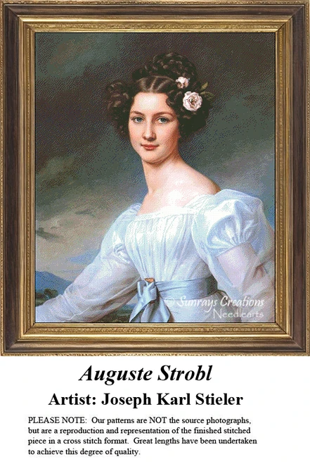 A detailed counted cross-stitch pattern preview of Joseph Karl Stieler's portrait, "Auguste Strobl." The Neoclassical Biedermeier design features the young Bavarian woman in an elegant green dress with a lace collar, posing with pristine grace.