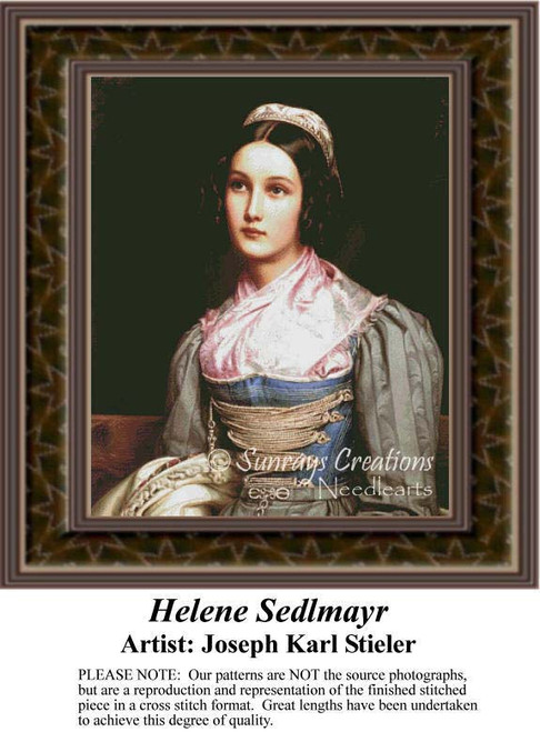 A woman in historical clothing gazes thoughtfully, created as a counted cross stitch pattern by artist Joseph Karl Stieler.