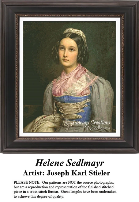 A detailed counted cross-stitch pattern preview of Joseph Karl Stieler's portrait, "Helene Sedlmayr." The Neoclassical Biedermeier design features the celebrated Munich beauty in traditional Bavarian folk dress and a silver bonnet, posing with modest beauty.
