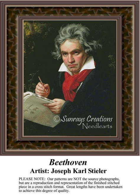 Ludwig van Beethoven gazes thoughtfully while writing in a book, frozen in time as a counted cross stitch pattern.