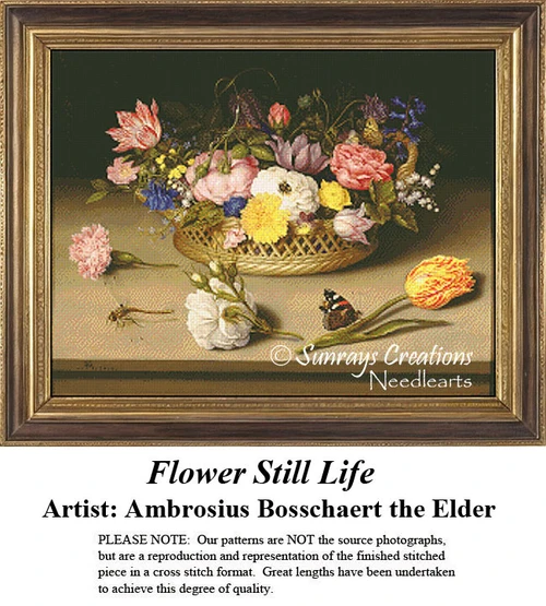 A pastel floral arrangement in a wicker basket with flowers scattered on a table, designed as a cross stitch chart by Ambrosius Bosschaert the Elder.