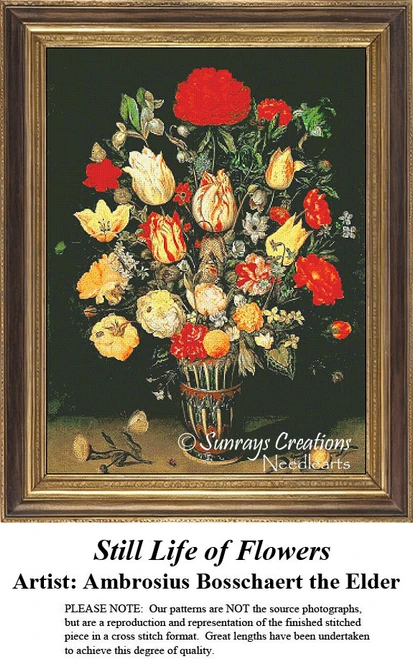 A vibrant collection of flowers in an ornate vase, composed as a counted cross stitch pattern by Ambrosius Bosschaert the Elder.