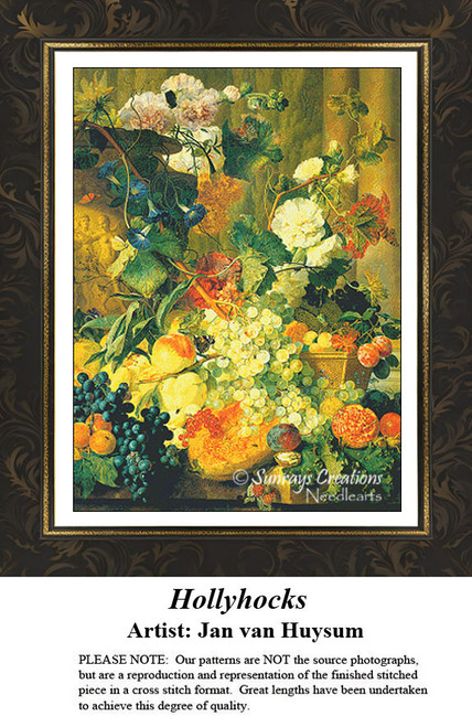 A vibrant arrangement of flowers and fruit fills a tabletop, radiating warmth with a golden hue, designed as an xstitch design by Jan van Huysum.