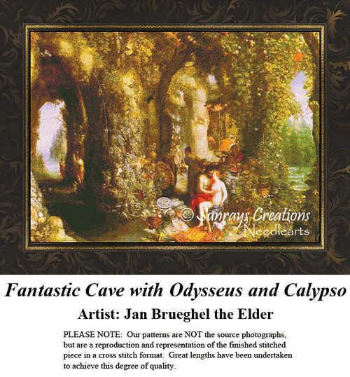 Fine Art Cross Stitch Pattern | Fantastic Cave with Odysseus and Calypso 