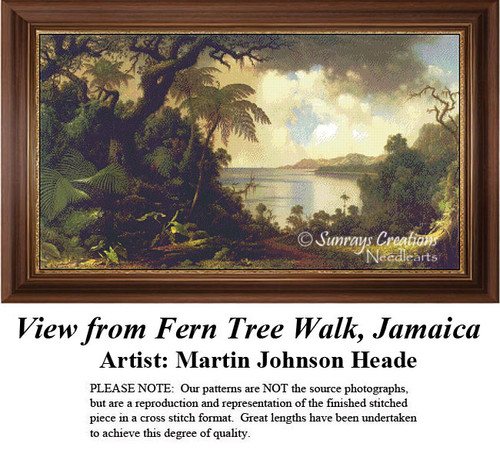 A lush tropical landscape with large ferns and a serene water pool is depicted, waiting as your next cross stitch project.