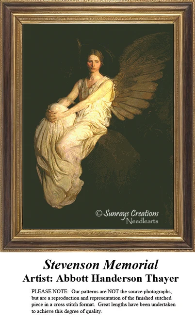 A detailed counted cross-stitch pattern preview of Abbott Handerson Thayer's painting, "Stevenson Memorial." The Symbolist design features a winged angelic figure seated on a monument stone, capturing solemn guardianship under dramatic lighting.