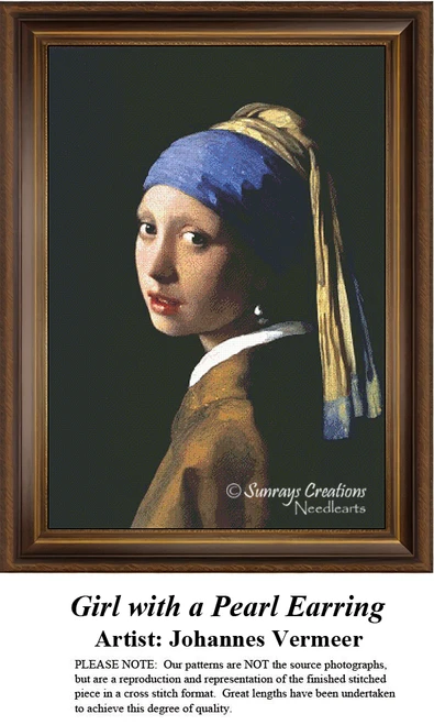 A detailed counted cross-stitch pattern preview of Johannes Vermeer's painting, "Girl with a Pearl Earring." The Dutch Golden Age portrait design features a young woman wearing an oriental turban and a glowing pearl earring against a dark backdrop, capturing captivating mystery.