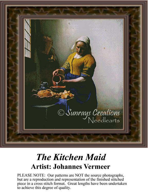 A woman pours milk into a bowl by a sunlit window, translated into a counted cross stitch design by Johannes Vermeer.