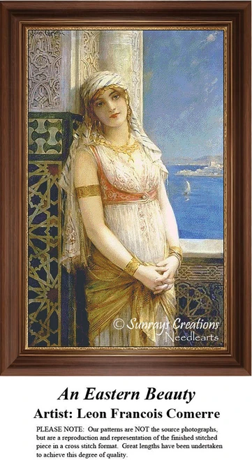 A woman with golden hair leans against a tiled wall, gazing at ships in the distance, immortalized as a counted cross stitch pattern.