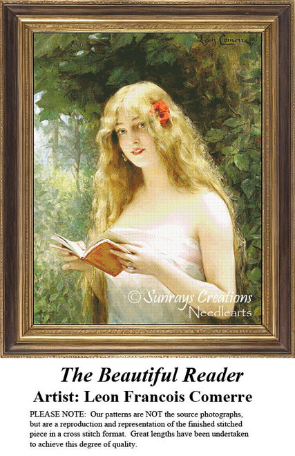 A woman with long flaxen hair reads a book while standing under a tree, yours as a counted cross stitch kit.