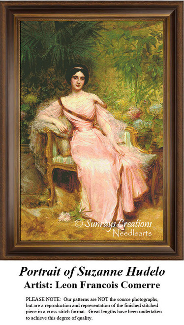 A woman in a pink and cream lace dress sits on a Victorian couch next to a blue hydrangea, offered as a counted cross stitch pattern.