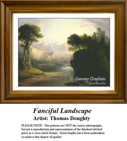 A river winds through a grassy landscape with cliffs and mountains, preserved as a counted cross stitch pattern by Thomas Doughty.