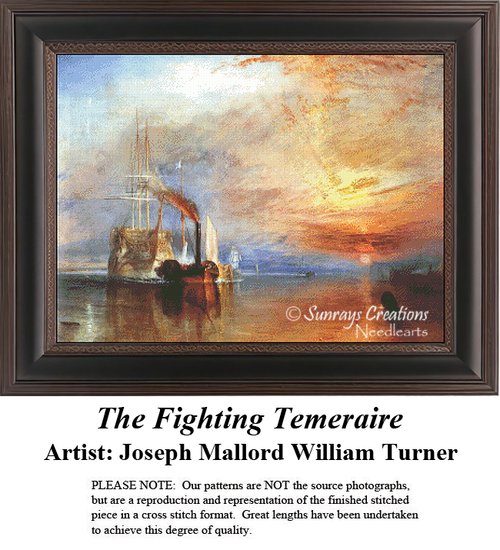 A detailed counted cross-stitch pattern preview of J.M.W. Turner's painting, "The Fighting Temeraire." The Romantic maritime design features the historic warship towed along the Thames River during a dramatic, fiery sunset, capturing heroic majesty.