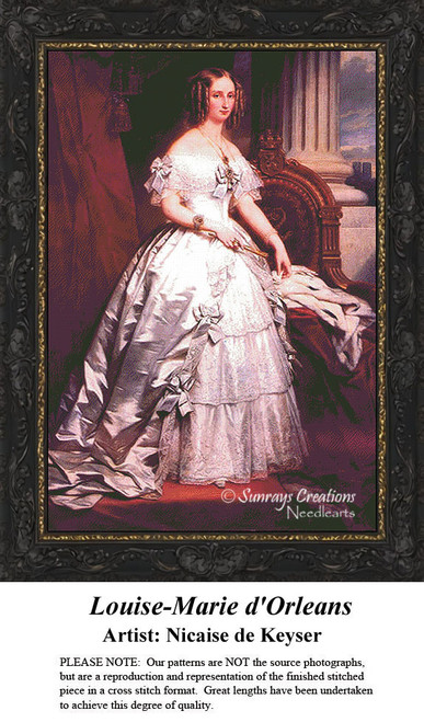 A woman stands in an elegant gown near a window, come to life as a counted cross stitch design by Nicaise de Keyser.