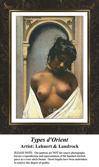 A woman poses in a demure manner, partly draped in white, depicted in a counted cross stitch pattern by Lehnert & Landrock, yours as a counted cross.