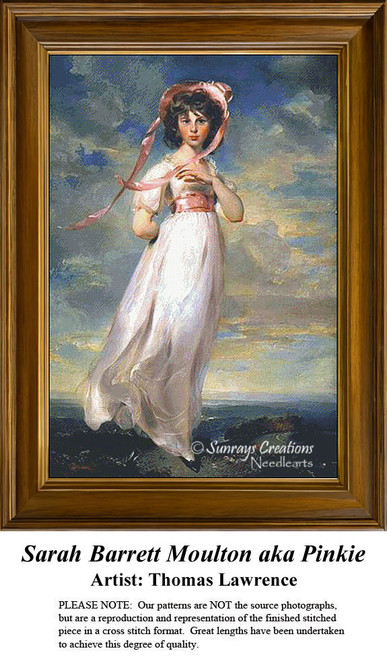 A young girl in a white dress and pink ribbon gazes at the viewer, captured as a counted cross stitch pattern by Thomas Lawrence.