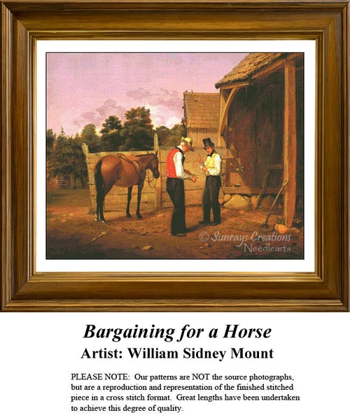 Capture Mount’s 1835 masterpiece with this intricate cross stitch design. A detailed pattern of rural horse trading, perfect for creating a classic art heirloom.