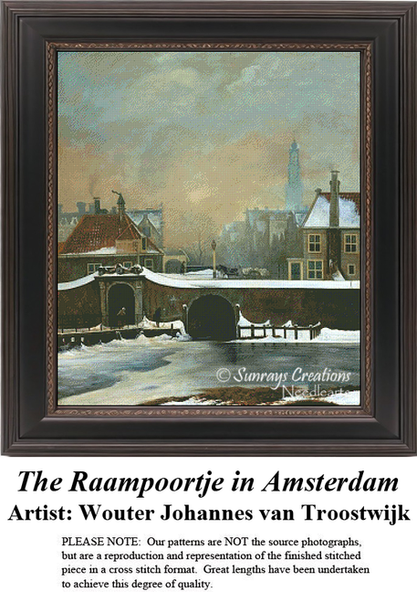 A detailed counted cross-stitch pattern preview of Wouter Johannes van Troostwijk's painting, "The Raampoortje in Amsterdam." The Dutch Realist cityscape design features the historic city gate along a frozen canal under a soft winter sky, capturing winter stillness.