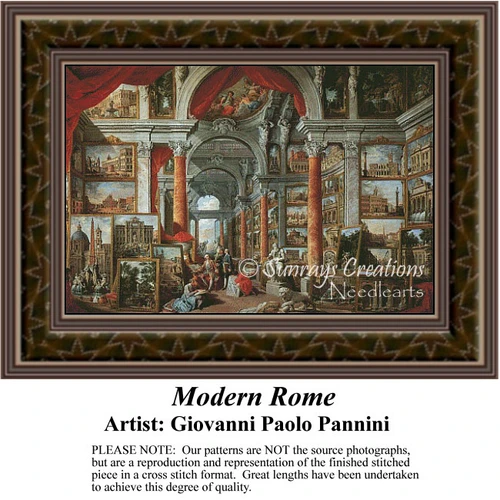 A grand interior with classical architecture and art pieces lining the walls, preserved as a counted cross stitch pattern by Giovanni Paolo Pannini.