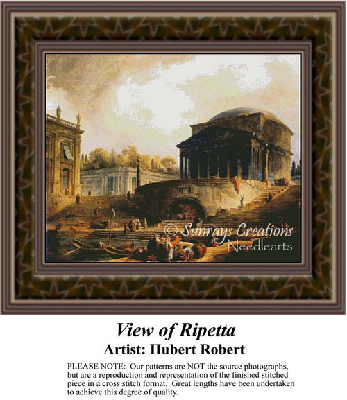 A grand classical structure stands amidst a bustling scene by the water, transformed into a counted cross stitch pattern by Hubert Robert.