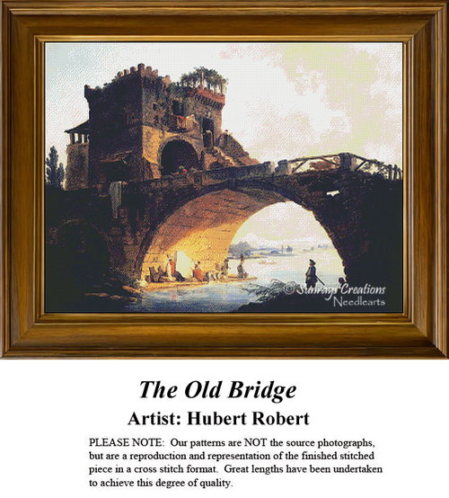 An old stone bridge arches over a tranquil river, depicted in a counted cross stitch pattern by artist Hubert Robert, ready for your next cross.