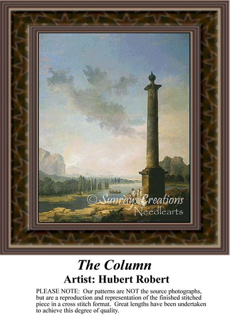 A tall column stands prominently in a serene landscape of mountains and water, immortalized as a counted cross stitch pattern.