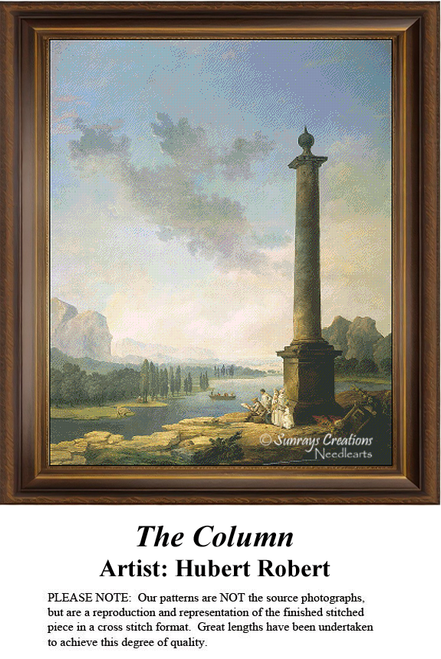 A tall column stands prominently in a serene landscape of mountains and water, immortalized as a counted cross stitch pattern.