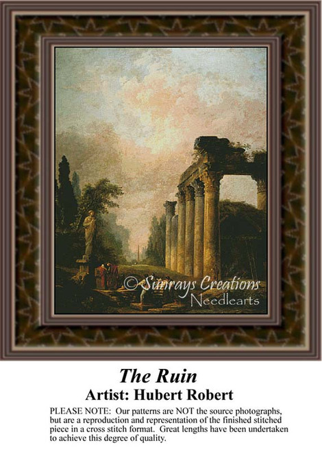 A scene of ruined columns under a cloudy sky, reimagined as a counted cross stitch pattern by artist Hubert Robert.
