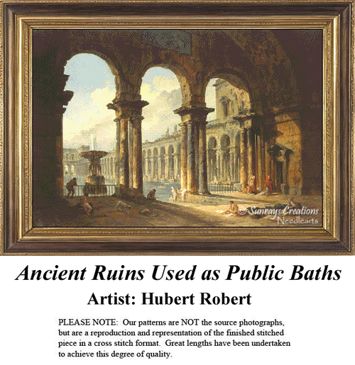 Ancient ruins serve as a public bath in a serene landscape, created as a counted cross stitch pattern by artist Hubert Robert.