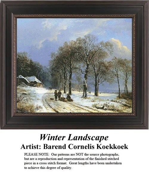 A winter landscape with tall trees and snow-covered ground, with three figures conversing, offered as a counted cross stitch pattern.