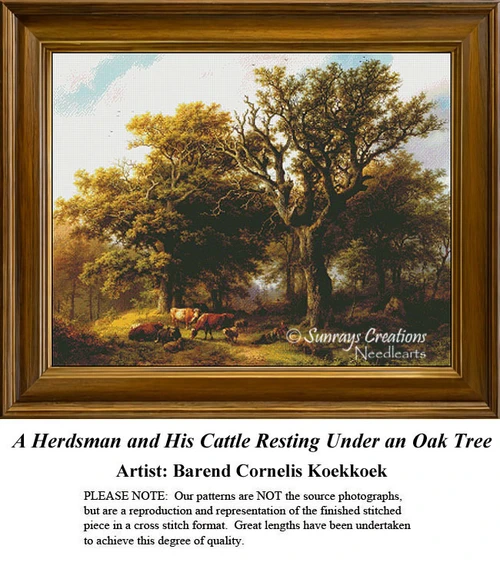 A herdsman rests with his cattle under a large oak tree, designed as a xstitch kit from Barend Cornelis Koekkoek's landscape painting.