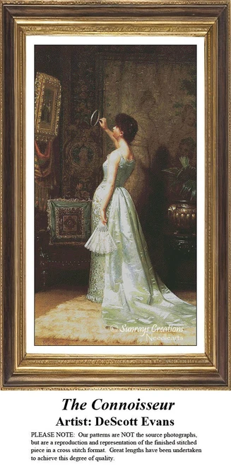 A woman in a formal gown studies a painting with a magnifier, translated into a counted cross stitch design by DeScott Evans.