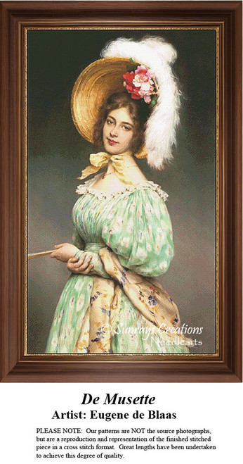 A woman in a green dress and large hat holds a small bagpipe, created as a counted cross stitch pattern by Eugene de Blaas.