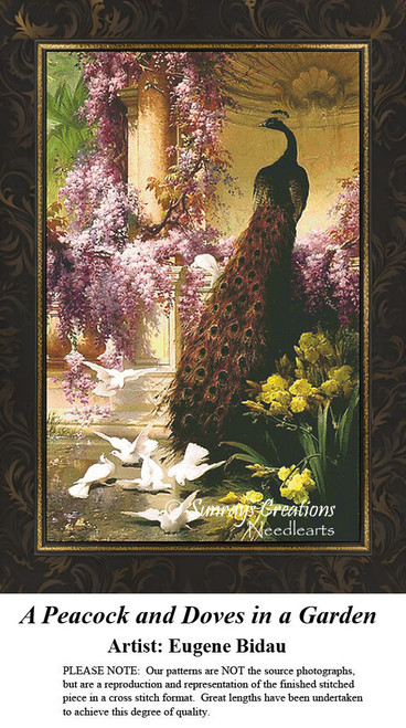 A peacock stands proudly among white doves and vibrant flowers, framed by lilacs and Wisteria in this downloadable pattern by Eugene Bidau.