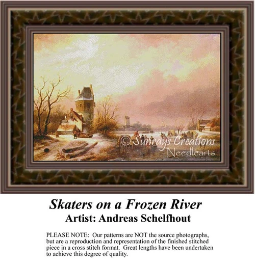 A landscape scene depicts skaters on a frozen river with trees and a small building, ready for your next cross stitch project.