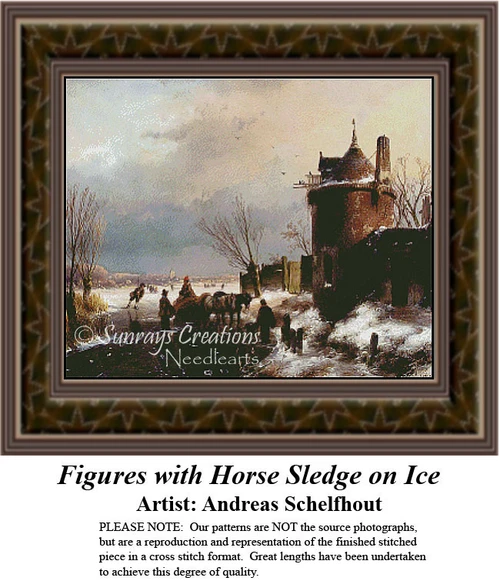 A winter scene depicts figures and horses on ice with a quaint building, composed as a counted cross stitch pattern by Andreas Schelfhout.