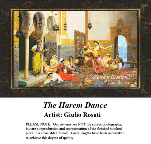 A detailed counted cross-stitch pattern preview of Giulio Rosati's oil painting, "The Harem Dance." The design illustrates a lively, ornate room with vibrant Middle Eastern decor where a group of women in flowing, jewel-toned silks are dancing and lounging, emphasizing intricate textile patterns, fluid bodily movements, and rich architectural textures.