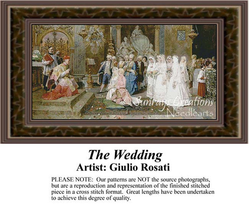 A wedding scene unfolds in a grand hall, with brides in white dresses and guests in formal attire transformed into a counted cross stitch pattern.