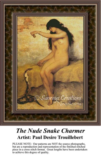A woman sits gracefully with a snake at her side, depicted in soft tones, available as a counted cross stitch pattern.