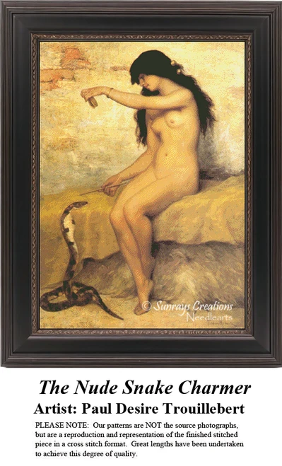 A detailed counted cross-stitch pattern preview of Paul Désiré Trouillebert's painting, "The Nude Snake Charmer." The French Orientalist Realist design features a seated figure captivating a cobra in an atmospheric studio setting, capturing exotic enchantment.