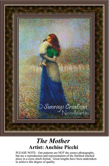 A woman holds a child close in a serene landscape, translated into a counted cross stitch design by artist Anchise Picchi.