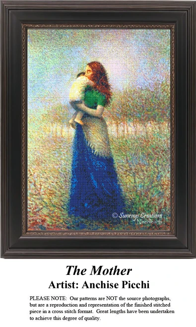 A woman holds a child close in a serene landscape, translated into a counted cross stitch design by artist Anchise Picchi.