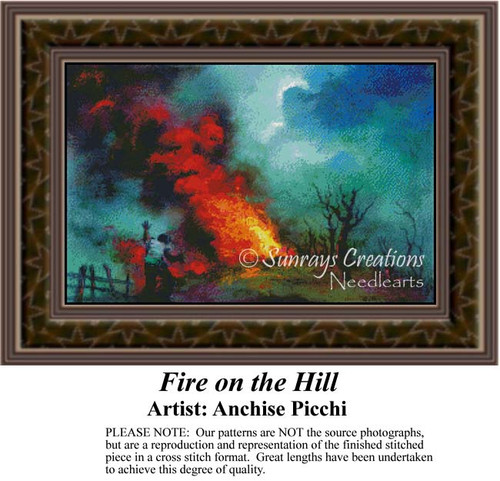 A vivid depiction of a fiery landscape with dark trees, yours to stitch as a counted cross stitch chart by artist Anchise Picchi.