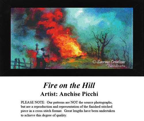 A vivid depiction of a fiery landscape with dark trees, yours to stitch as a counted cross stitch chart by artist Anchise Picchi.