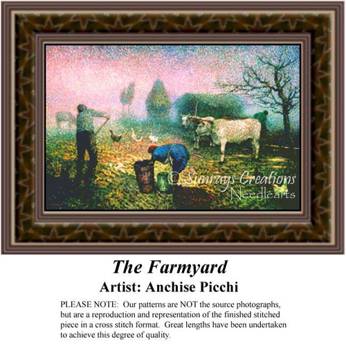 A man and a woman work on their farm amidst gentle pastels, available as a counted cross stitch pattern by artist Anchise Picchi.