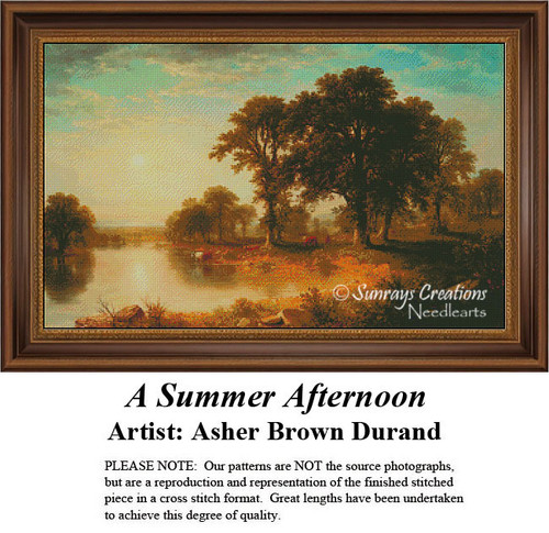 A serene landscape featuring a river bordered by lush trees, all under a deep aqua sky, designed as an xstitch kit from Asher Brown Durand's works.