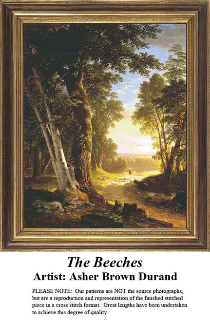 A sunlit path surrounded by tall Beech trees, depicted in a PDF pattern from a painting by Asher Brown Durand, reflects the Hudson River School style.