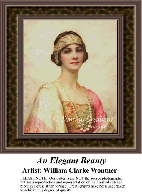 A woman in elegant attire, adorned with pearls and a headband, depicted in a digital pattern by William Clarke Wontner.
