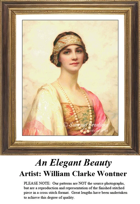 A detailed counted cross-stitch pattern preview of William Clarke Wontner's painting, "An Elegant Beauty." The Edwardian Academic Classicist portrait design depicts an elegant woman draped in luxurious fine fabrics, capturing refined poise through porcelain skin tones and soft, classical lighting.